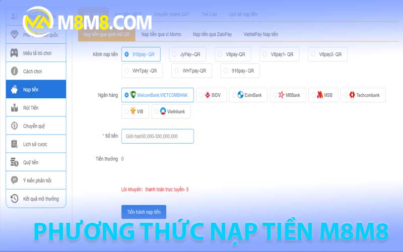 phương thức nạp tiền m8m8